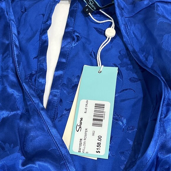 Shore Romper Womens S Blue Satin Floral Faux Wrap Flowy Tropical Vacation - Picture 7 of 12